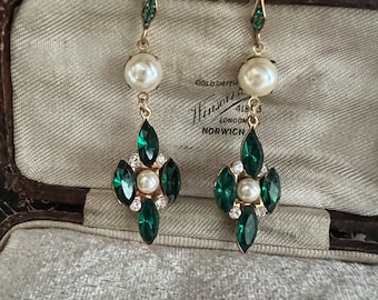 Vintage Emerald Green and pearl long drop hook  Earrings