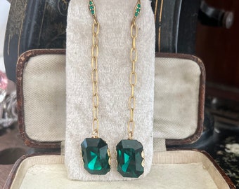 Vintage Emerald Green Crystal Drop Earrings, 22ct Gold Plated