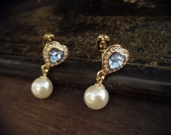 Vintage Light Blue Sapphire Crystal Heart & Pearl Drop Pierced Earrings
