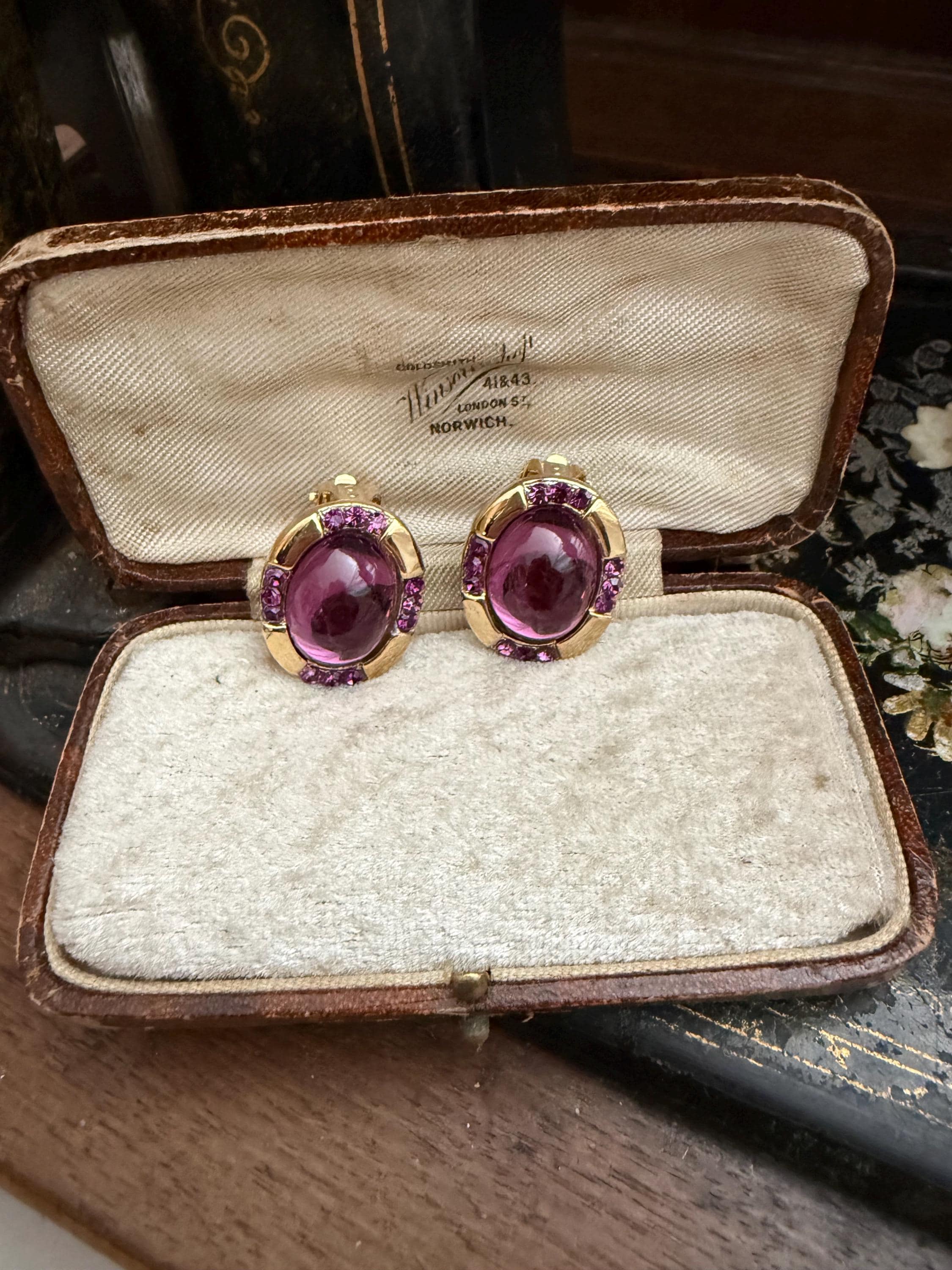 Vintage Oval Amethyst purple Swarovski crystal, cabouchon style on a Gold plated mount for Clip on Earrings,
