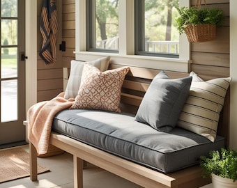 Custom Sunbrella Bench Cushion: Indoor Outdoor Replay Fabric, Zippered Cover