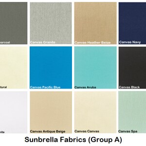 May include: A color chart of Sunbrella fabrics, labeled with names like "Canvas Charcoal", "Canvas Granite", "Canvas Heather Beige", and "Canvas Navy". The chart is labeled "Sunbrella Fabrics (Group A)".