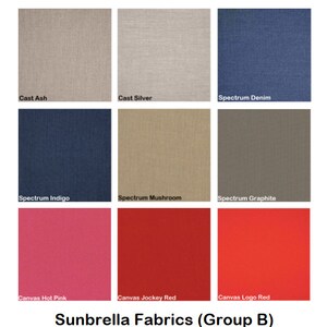 May include: Nine fabric swatches in various colors and textures, including cast ash, cast silver, spectrum denim, spectrum indigo, spectrum mushroom, spectrum graphite, canvas hot pink, canvas jockey red, and canvas logo red. The swatches are labeled with their respective names. The text "Sunbrella Fabrics (Group B)" is displayed below the swatches.