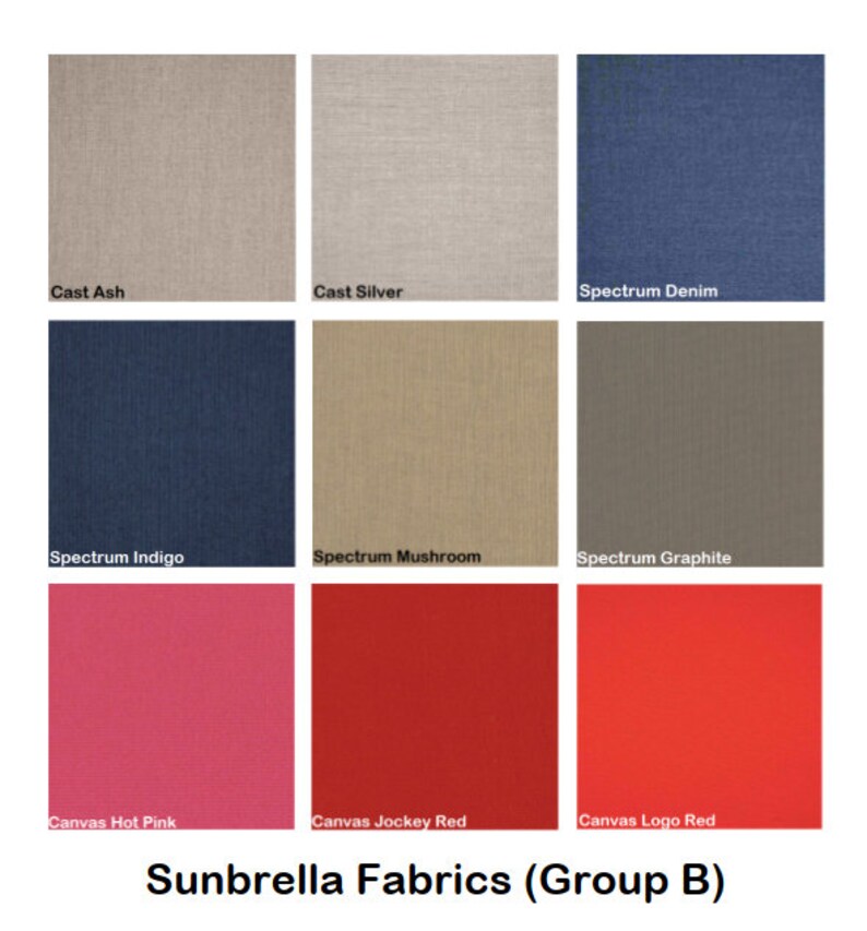 May include: Nine fabric swatches in various colors and textures, including cast ash, cast silver, spectrum denim, spectrum indigo, spectrum mushroom, spectrum graphite, canvas hot pink, canvas jockey red, and canvas logo red. The swatches are labeled with their respective names. The text "Sunbrella Fabrics (Group B)" is displayed below the swatches.