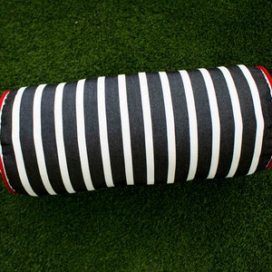May include: Black and white striped cylindrical pillow with red piping. The pillow is on a green surface.