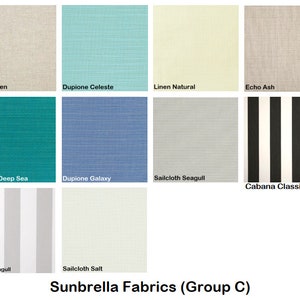 May include: A chart showing different fabric swatches for Sunbrella fabrics, labeled with the names "Blend Linen", "Dupione Celeste", "Linen Natural", "Echo Ash", "Dupione Deep Sea", "Dupione Galaxy", "Sailcloth Seagull", "Cabana Classic", "Solana Seagull", and "Sailcloth Salt". The chart is titled "Sunbrella Fabrics (Group C)".