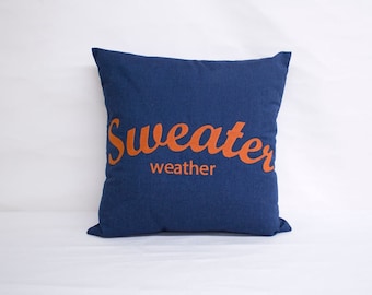 Sunbrella Embroidered Pillow - 20x20 - Sweater Weather - Orange on Spectrum Indigo - Fall Pillow - Thanksgiving - Autumn - Fall Porch