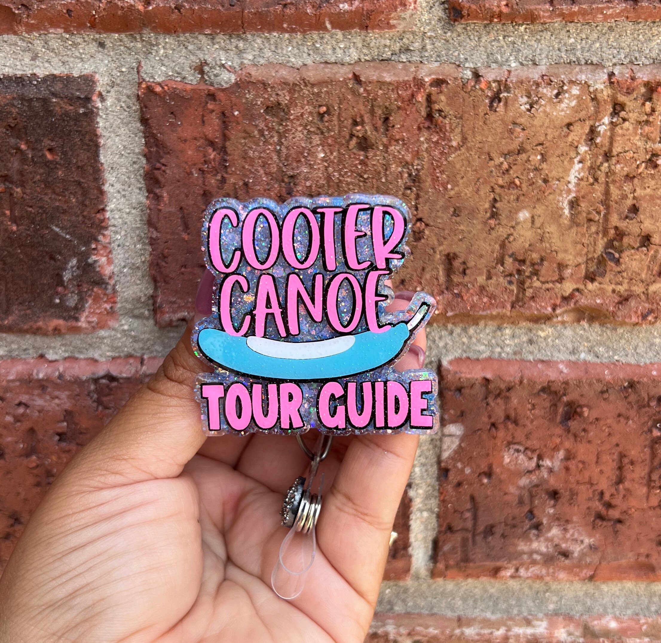 Cooter Canoe Tour Guide Glittery Badge Reel 