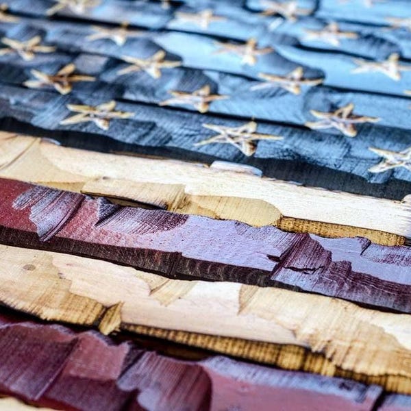 Hand Carved Wood American Flag: Distressed Rustic Americana The Legacy Flag (59x32)