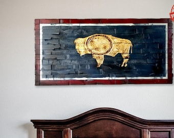 Wyoming State Flag, Rustic Wyoming decor, Wyoming artwork, Hand Carved and Charred 38x20