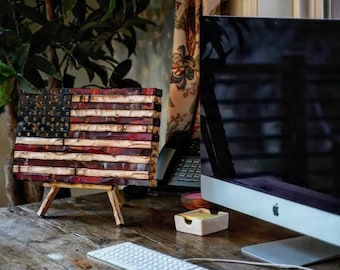 Wood American Flag, American Wood Flag, painted charred and carved by hand chiseled stars 18x9