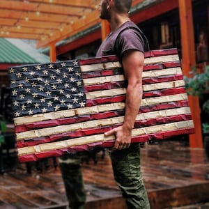 Rustic American Flag, Distressed wood flag, Wood American Flag, American Flag, painted charred and carved  by hand chiseled stars 38x20