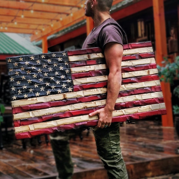 Rustic American Flag, Distressed wood flag, Wood American Flag, American Flag, painted charred and carved  by hand chiseled stars 38x20