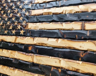 Wood American Flag, Rustic American Flag, Distressed American, Military Wood Flag, wood burned with chiseled stars 38x20