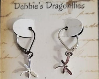 925 sterling silver very tiny dragonfly lever back earrings