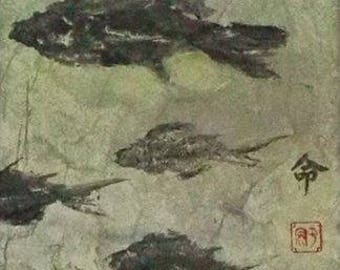 9 Fish on gallery wrap canvas 8" X 18" Mixed Media #20a