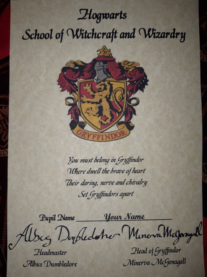 Harry Potter House GRYFFINDOR sorting hat certificate fan gift | Etsy