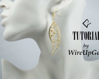 May include: Gold leaf-shaped earrings with small gold beads hanging from a wire frame. The earrings are shown on a white mannequin head. The text "TUTORIAL by WireUpGem" is displayed on the right side of the image.