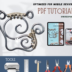 May include: A handcrafted wire art piece with a cat-like design, featuring silver-colored wire and gold-colored wire accents. The image also includes a tablet and smartphone displaying a PDF tutorial, along with various crafting tools. Text on the image reads "Optimized for Mobile Devices" and "PDF Tutorial".