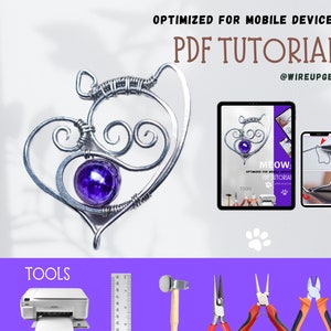 May include: A PDF tutorial on how to make a wire wrapped heart pendant with a purple gemstone. The tutorial is optimized for mobile devices and includes a list of tools needed for the project. The tools include a ruler, hammer, wire cutters, and a printer.