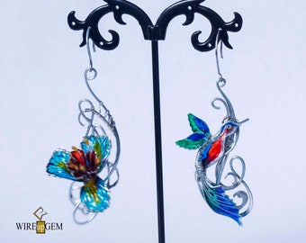 Stainless Steel bird and flower earrings with epoxy elements