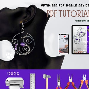 May include: A PDF tutorial for making wire earrings with purple beads. The tutorial is optimized for mobile devices and includes a list of tools needed for the project. The tools include a printer, ruler, hammer, pliers, and wire cutters.