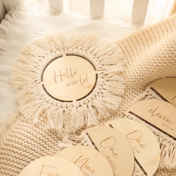 Wooden Baby Monthly Milestone Cards - Hello World - Boho Tassel Double Sided Engraved Age Photo Props Discs