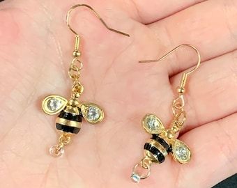 Gold Bee Earrings: Handmade Sterling Silver Hooks, Hypoallergenic
