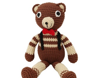 Crochet bear with rattle cuddly toy made of organic cotton in brown