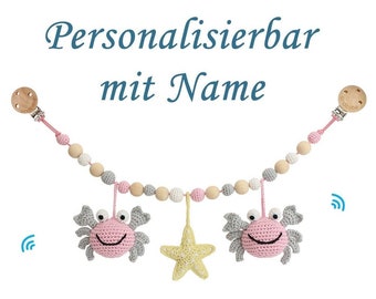 Kinderwagenketten mit NAME (personalisiert), gehäkelt mit Krabbe PINCER (rosa-grau), 1 - 10 Buchstaben,  Sindibaba