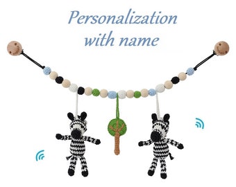 Organic crochet Stroller Chain w/ name,  2 zebras and tree (black and white)