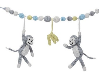 Stroller Chain w/ 2 Monkeys & Bananas (pastel-blue/grey), crochet, Sindibaba