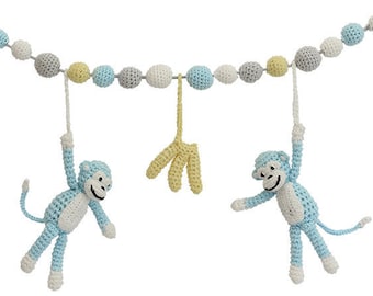 Crocheted Stroller Chain w/ Monkeys (blue) & Bananas (rattles inside)