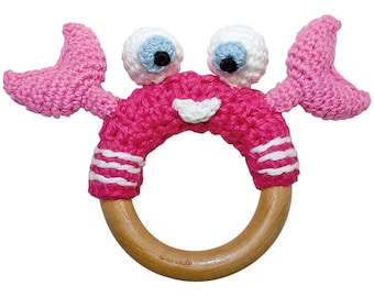 Crochet cancer with rattle & gripping ring made of wood