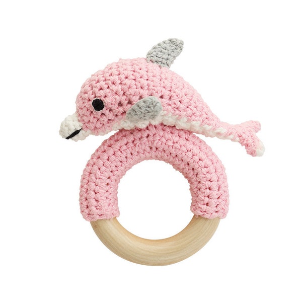 Crochet dolphin rattle with wooden gripping ring (pink)