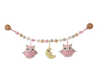 Stroller Chain w/ Owls LUNA (rose) and Moon Crochet Pram Mobile