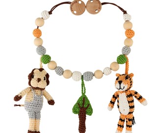 Gehäkelte Kinderwagenkette mit Tiger und Löwe im Safari,  als Baby Geschenk zur Geburt, Sindibaba