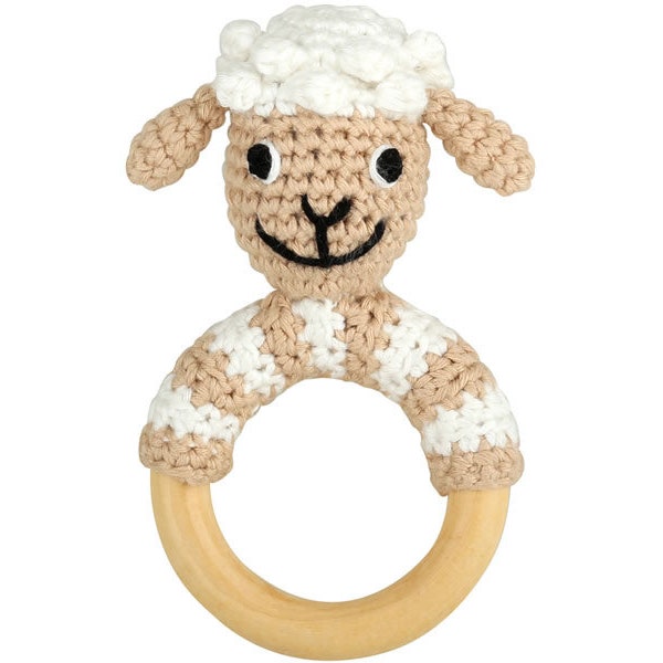 Crocheted sheep with Rattle & Greifring of Wood