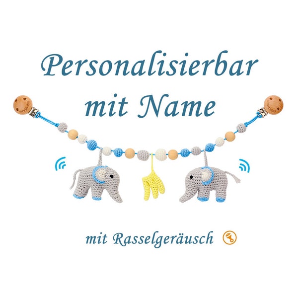 Kinderwagenkette mit NAME (personalisiert), gehäkelt, Elefanten ( grau-blau), Sindibaba