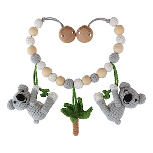 Organic crochet pram chain Koala COCO grey with rattles, stroller chain