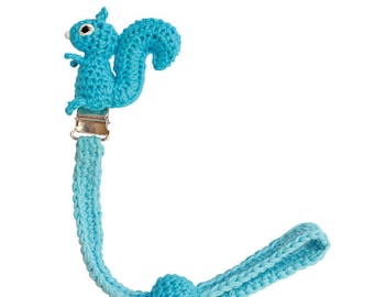 Crochet pacifier holder (turquoise) with squirrel