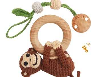 Crochet Organic  Monkey (brown) 2 in 1，pram toy, stroller toy, maxicosi toy, pram toy, grasp ring rattle, Sindibaba