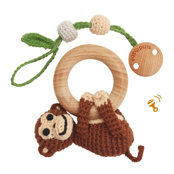 Crochet Organic  Monkey (brown) 2 in 1，pram toy, stroller toy, maxicosi toy, pram toy, grasp ring rattle, Sindibaba