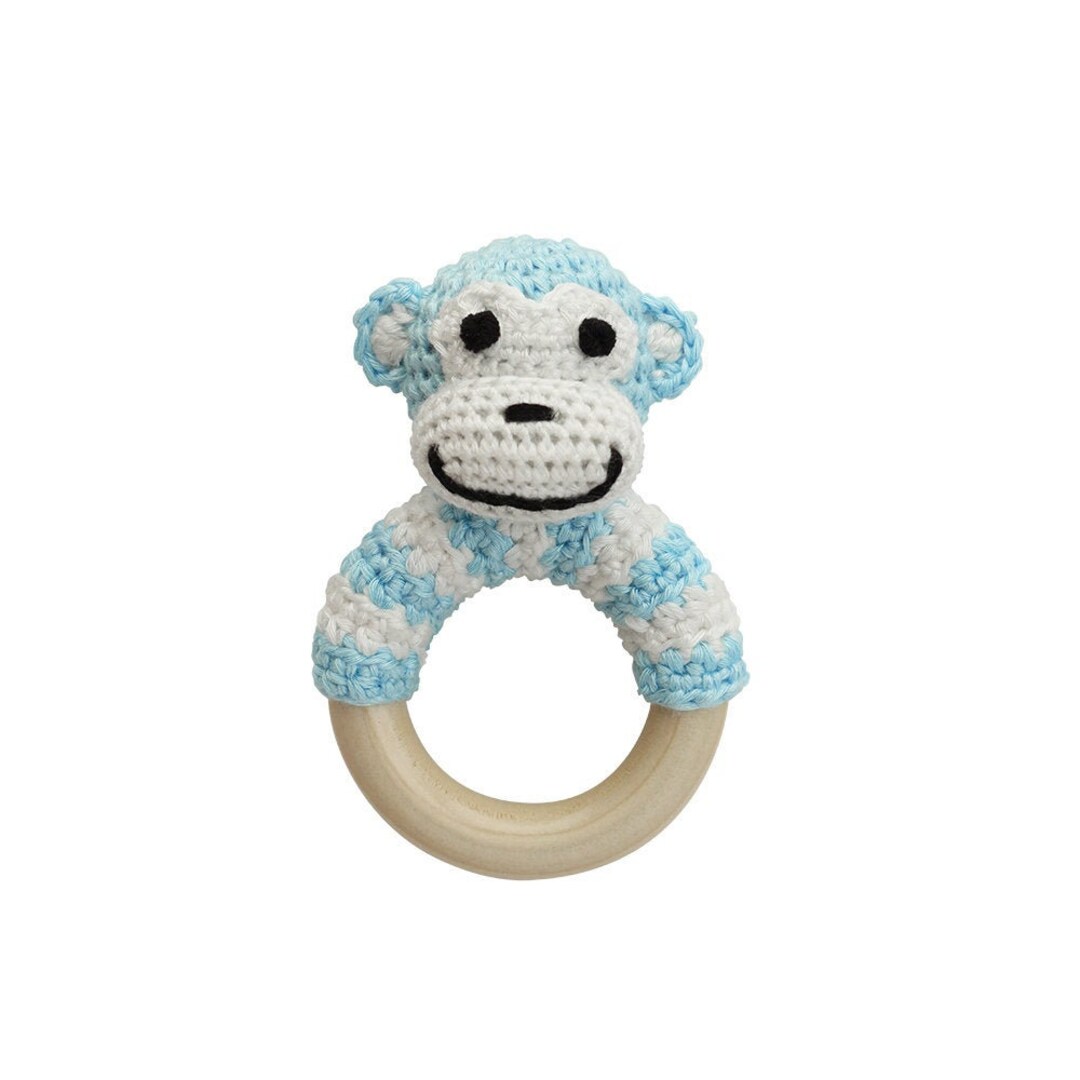 Crochet Monkey Rattle on Wooden Grasp Ring (light-blue) - Etsy Australia