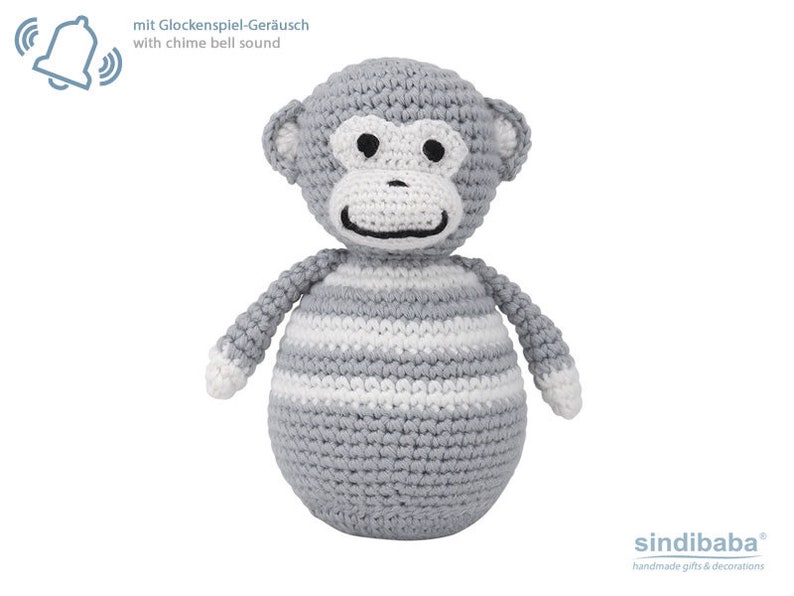 Crochet stand-up monkey with chimes grey image 2