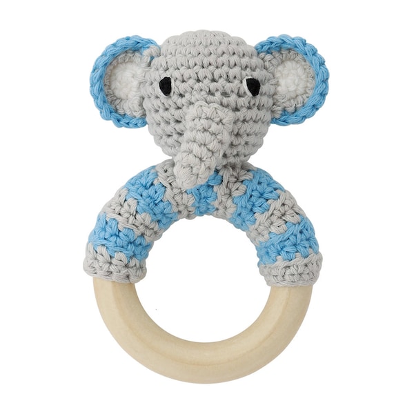 Elephant rattle (crocheted) with wooden ring (blue)