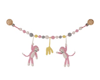Crochet Stroller Chain w/ 2 Monkeys & Bananas (rose)
