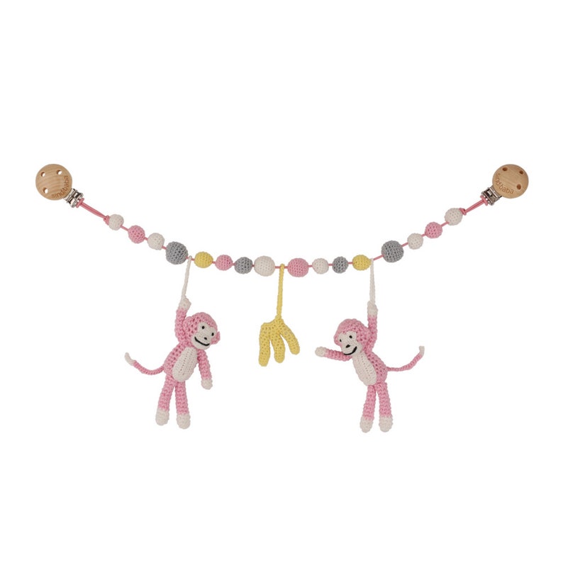 Crochet Stroller Chain w/ 2 Monkeys & Bananas rose image 1