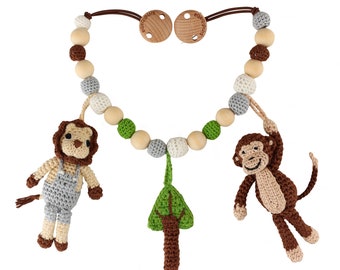 Chaîne de Poussette Crochetée avec Singe (marron) et Lion (beige), Sindibaba, cadeau pour anniversaire de bébé, jouet pour bébé