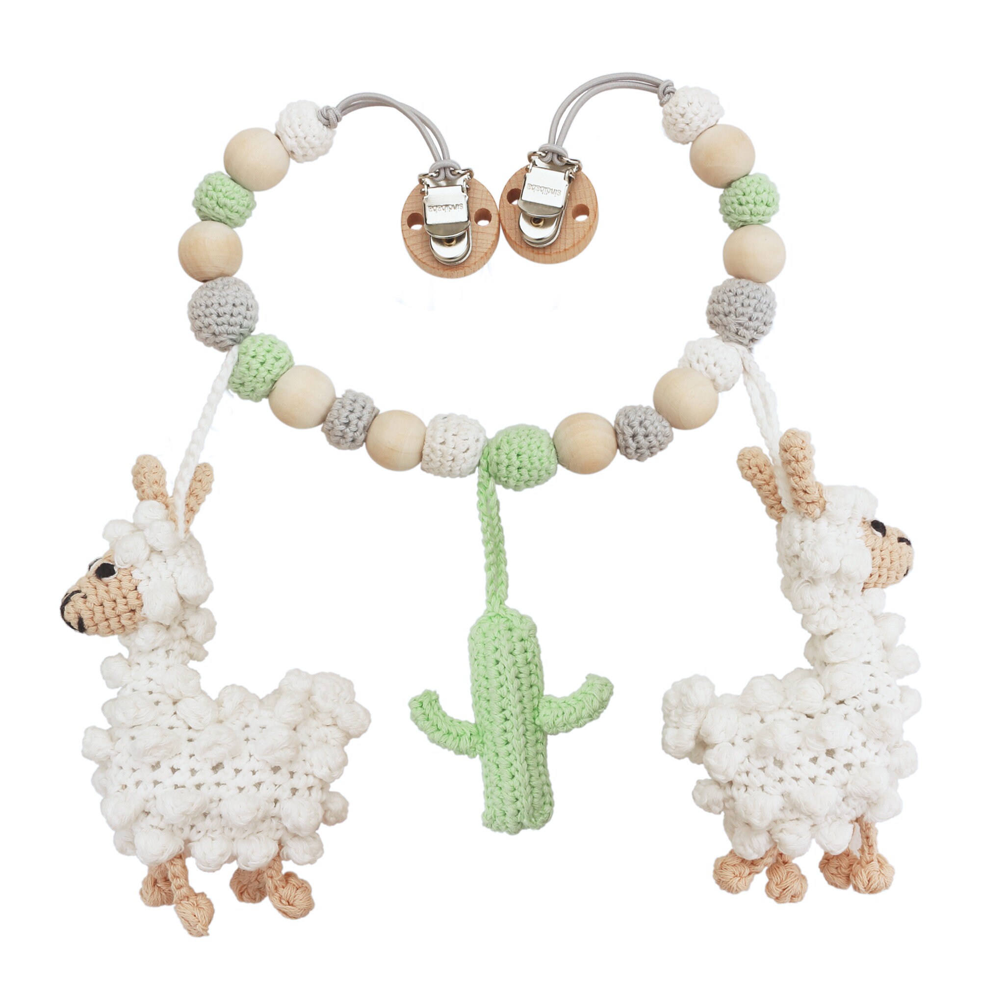 Organic Crochet Pram Chain Lama LUKE With Rattles, Stroller Chain